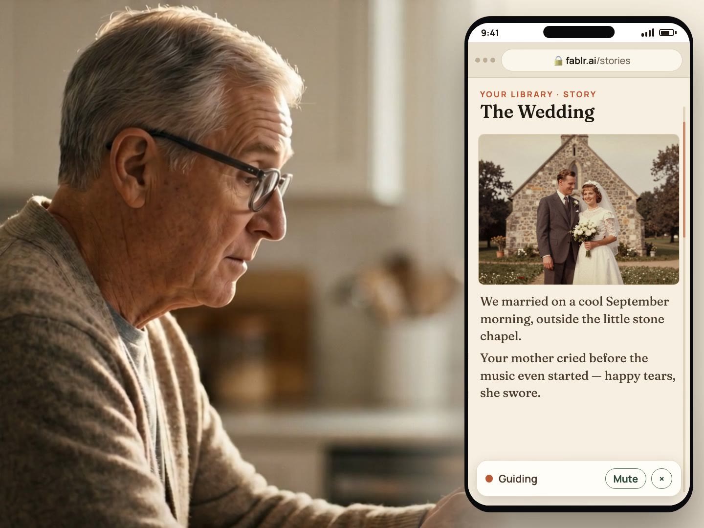 An older man holds his phone and speaks aloud to Fablr's voice help.